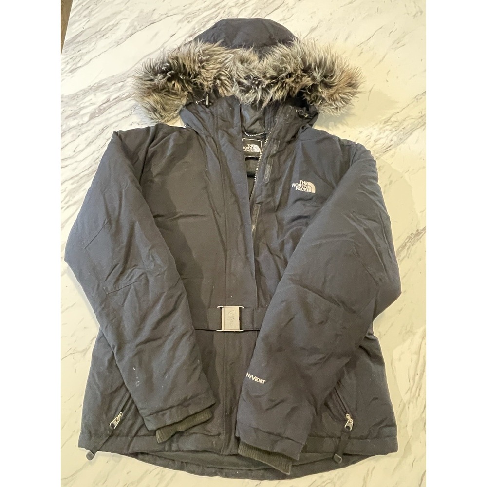The North Face Hyvent Goose Down Parka Black Jacket Women's M. Fur Trim Hood.